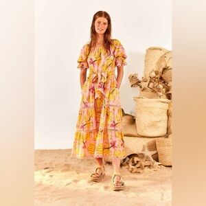 Farm Rio pink banana print midi dress off shoulder Sz L